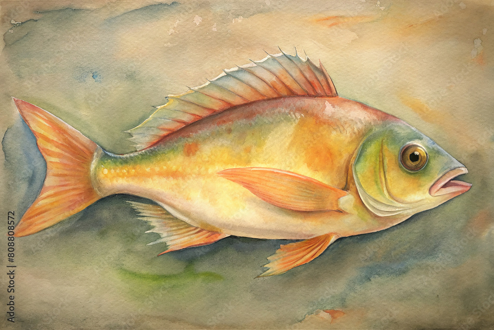 Naklejka premium Fish, Cabin near lake in forest, watercolor illustrations, forest landscape, forest items, life in forest