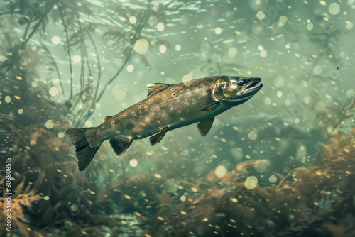 A fish is swimming in the water with a blurry background