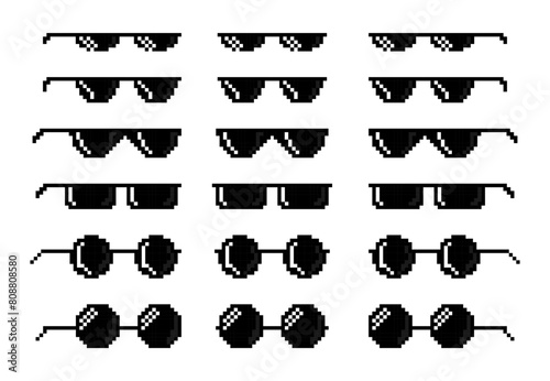 Pixel glasses. Thug life sunglasses meme, like a Boss. Comic 8 bit pixelated black gangster accessory icons. Cartoon 16 bit rapper eyeglasses. Network joke emoticon. Vector set © Foxy Fox