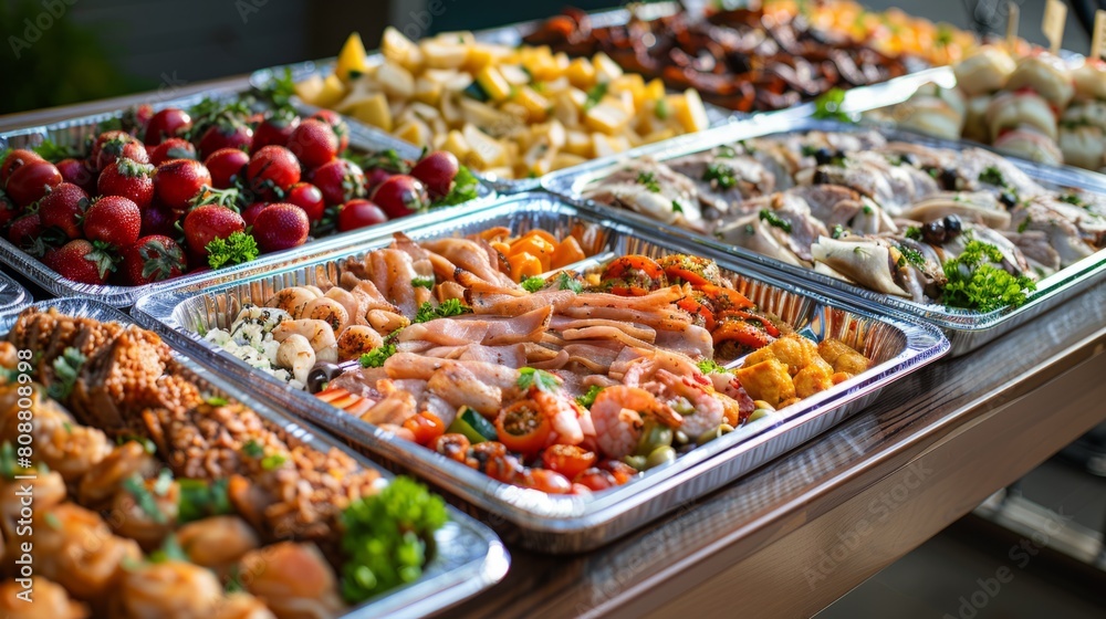 elegant catering options, elegant silver trays with appetizers and finger foods, ideal for cocktail parties or corporate events