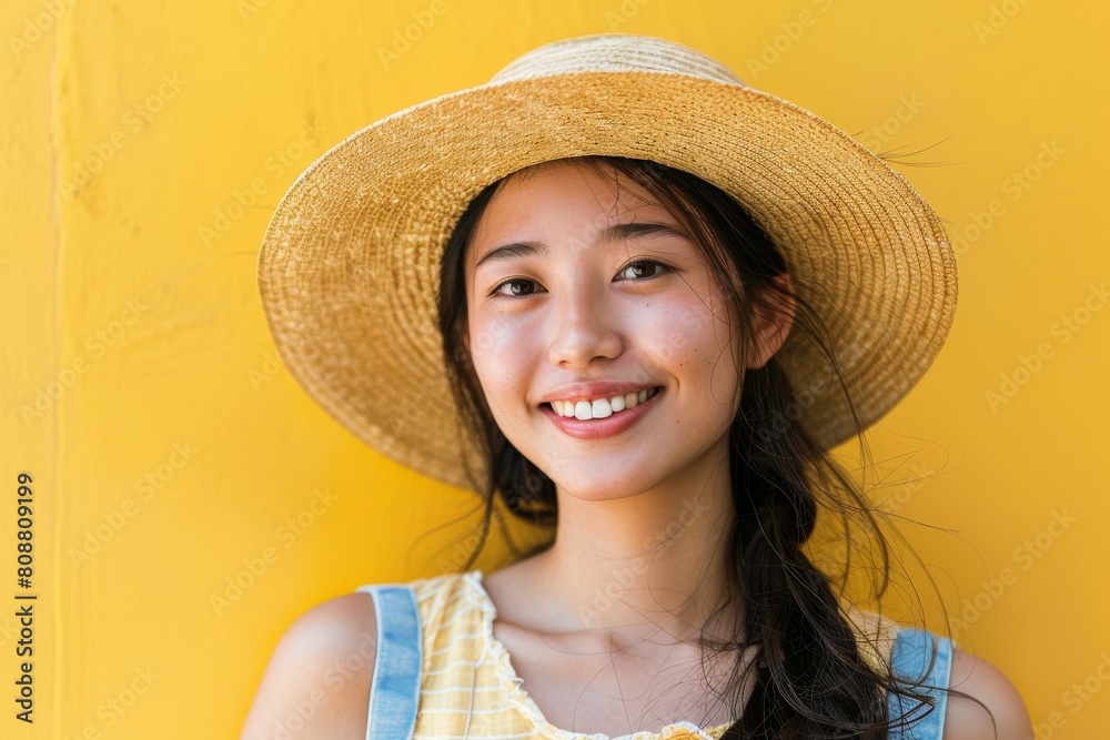 麦わら帽子をかぶった笑顔の日本人女性（ハッピー・夏・休暇・おでかけ・旅行）