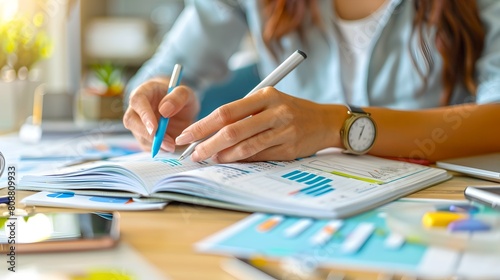 Close-up of professional analyzing financial charts. Business strategy planning. Office desk scene. Focus on documents. Casual work attire. Modern businesswoman. AI