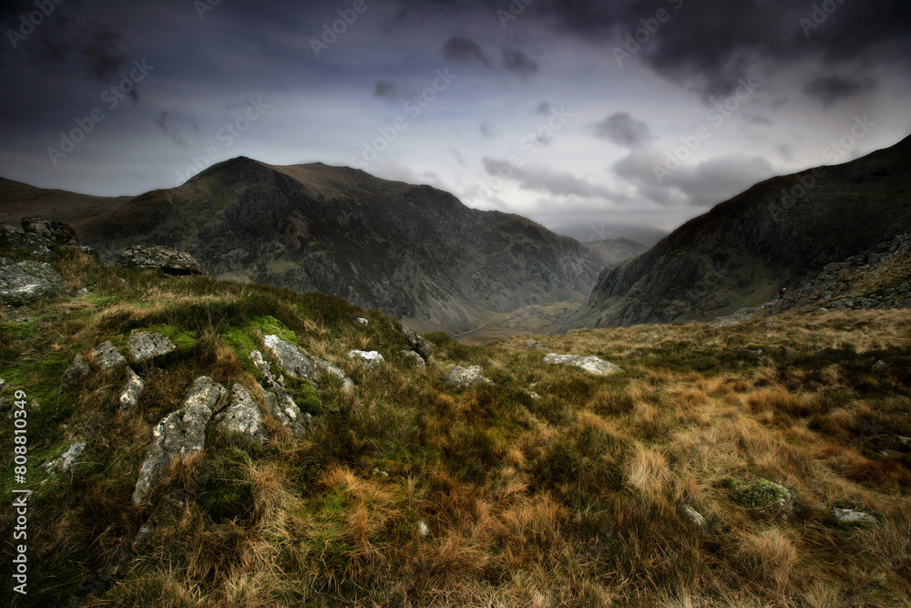 Moody and stormy Welsh mountain scene set in the snowdonia national park Wales.