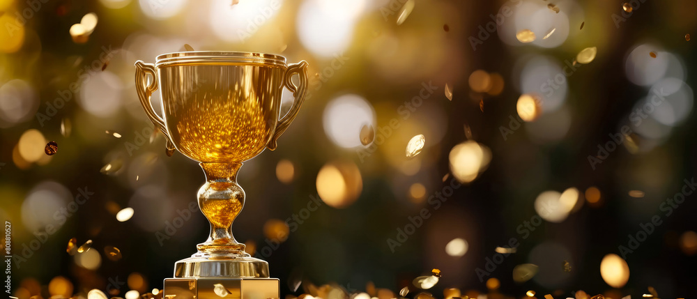 Champion golden trophy cup, goblet, bowl with sparkling lights, confetti, splashes, lights. Winning, congratulation background. Awards. Generative ai