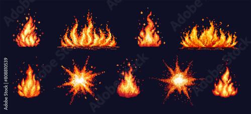 Pixel art fire. Red explosion and bonfire, burning campfire with flame, ignitions and sparks on dark night background. 8 bit pixel video 80s game vector isolated set © Foxy Fox