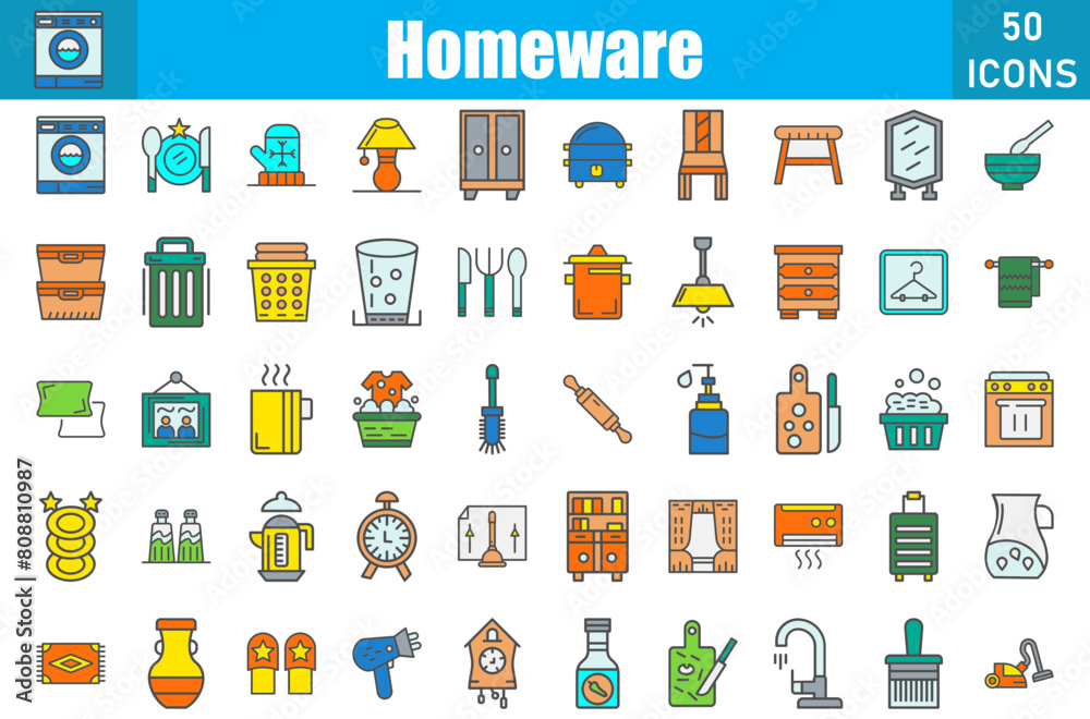 Homeware 50 web icons in outline filled style Homeware 50 web icons in outline filled style