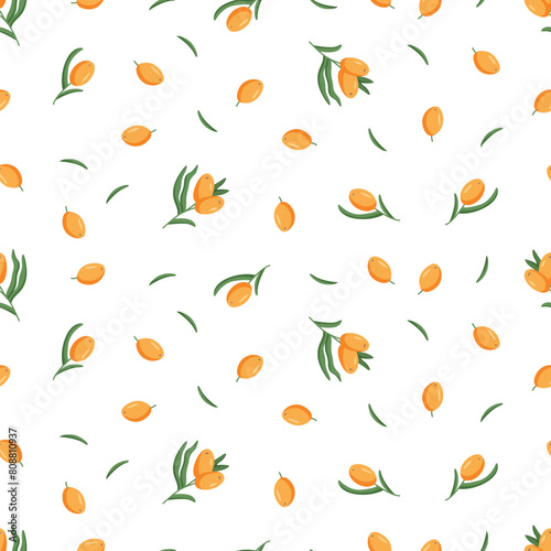 Seamless pattern sea buckthorn branches. Vector illustration of a healing edible berry. Background wallpaper