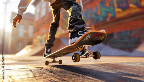 Skateboarder Performing Tricks at Skate Park, Emphasizing Skill and Thrill of Urban Sports