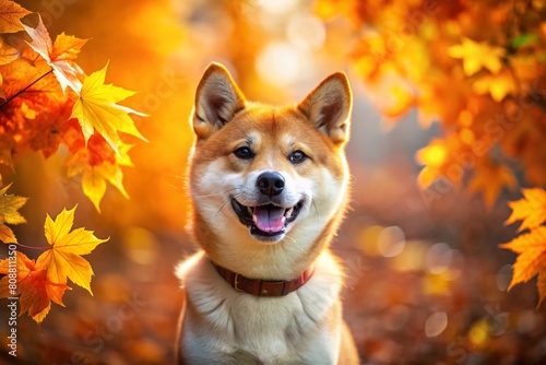 Portrait of a cute joyful Shiba Inu dog in autumn against the background of autumn leaves. A banner with a picture of a pet dog.