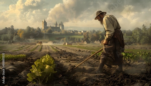 Medieval Serf Laboring in Feudal Society's Fields, Depicting Historical Livelihoods and Labor Conditions