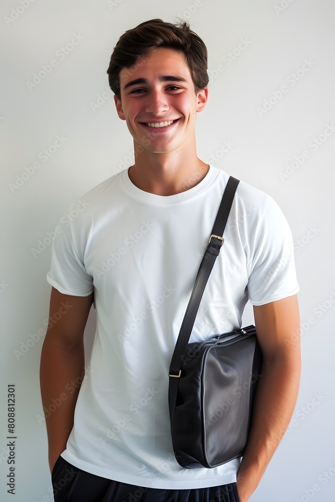 Smiling Young Man in White T-Shirt with Shoulder Bag Smiling Young Man in White T-Shirt with Shoulder Bag
