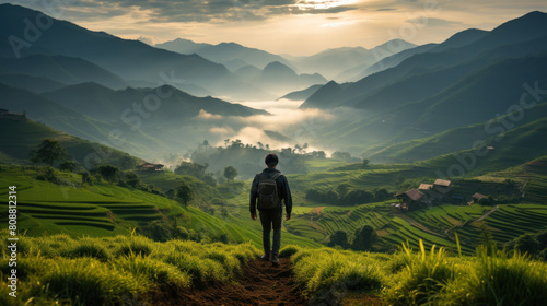 Lone Traveler Admiring the Sunrise Over Lush Green Rice Terraces in Mu Cang Chai, Vietnam photo