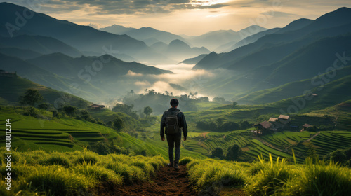 Lone Traveler Admiring the Sunrise Over Lush Green Rice Terraces in Mu Cang Chai, Vietnam © AS Photo Family