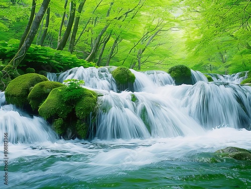 Develop a serene natural landscape in 3D  featuring lush forests and flowing rivers for a tranquil escape
