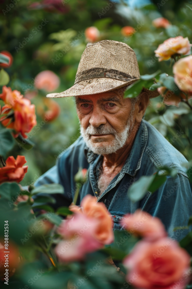 Elderly man pruning roses with satisfaction in well-kept garden under straw hat.