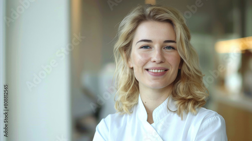 portrait of beautiful confident friendly middle-aged female doctor with blonde hair smiling wearing white uniform and stethoscope on hospital background