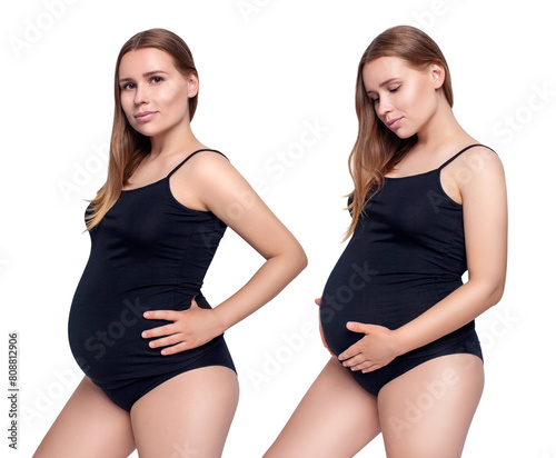 Collage of pregnant woman in black shirt posing.