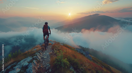 Determined cyclist on mountain trail at sunrise overlooking misty valley.