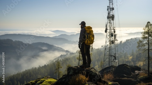 Man Using Mobile Phone on Remote Mountain Top at Dawn, Overlooking Misty Valley photo