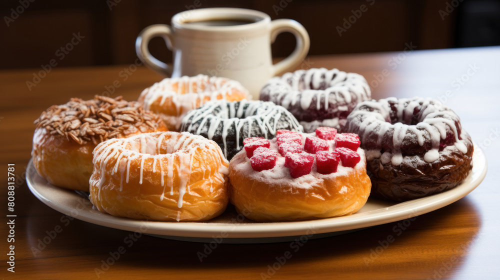 Assorted Gourmet Donuts on a Plate with a Cup of Coffee in a Cozy Setting Assorted Gourmet Donuts on a Plate with a Cup of Coffee in a Cozy Setting
