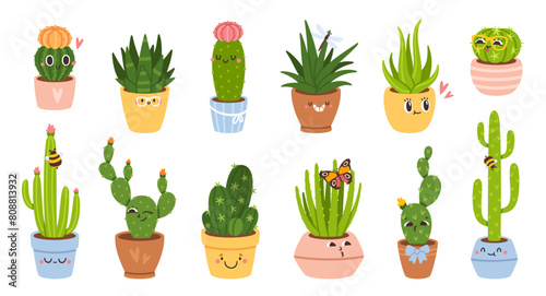 Cute cactus. Cartoon cactuses, succulents or cacti plant characters in pots. Mexican prickly plants with funny faces and emotion. Fun home cacti stickers and badges. Vector set © Foxy Fox