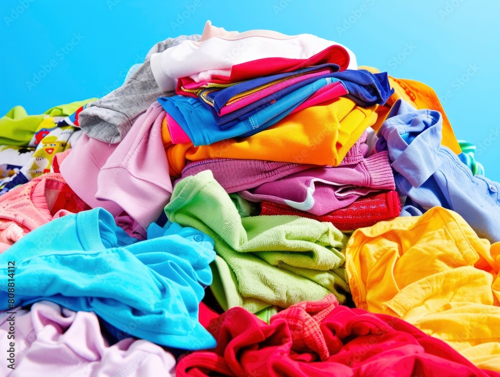 A pile of colorful clothes, including shirts and pants