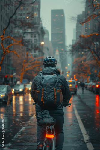 Morning commute on bike through city traffic. © ChubbyCat