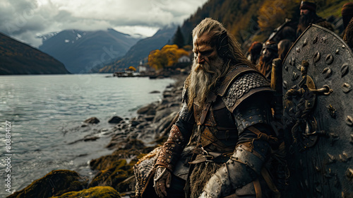 Dramatic Viking Warrior with Axe and Helmet on Fjord Shore, Historic Battle Ready Pose Under Dark Skies
