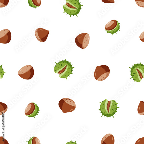 Seamless Pattern Chestnut vector illustration. Background wallpaper Cartoon drawing of chestnut nuts in a shell.