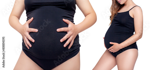 Collage of young pregnant woman in black shirt posing.