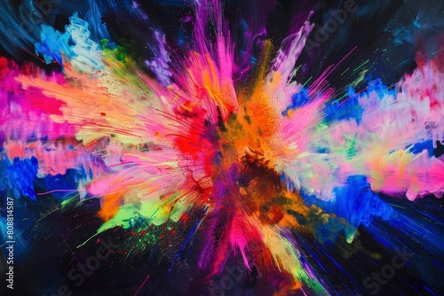 A colorful explosion of paint splatters on a black background