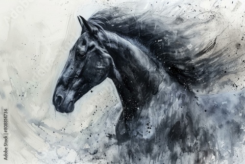 Artistic watercolor illustration of a majestic black horse with dynamic brush strokes © anatolir