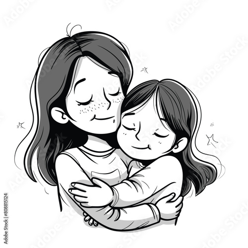 Happy mom hugs smiling daughter, adorable line art for Mother's Day illustration