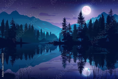 Night landscape  dark forest  river. Night sky  mountains. Reflection in the water of moonlight. Dark natural background