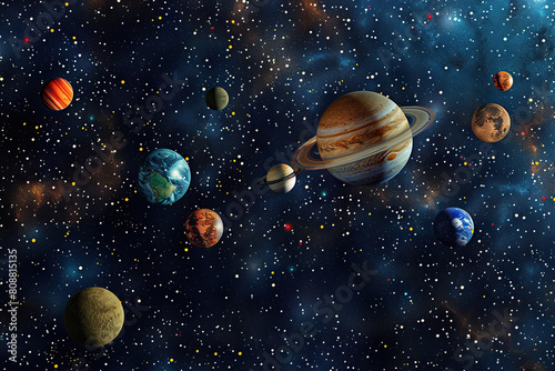 Generative ai on theme of parade of planets in solar system  bright stars glow in atmosphere