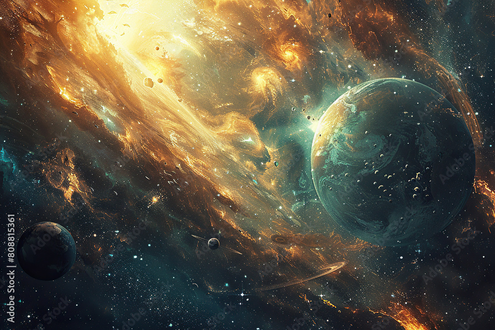 Generative ai on theme of parade of planets in solar system, bright stars glow in atmosphere Generative ai on theme of parade of planets in solar system, bright stars glow in atmosphere