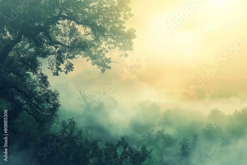 A misty forest at dawn, where the trees are shrouded in fog, adding a layer of mystery and enchantment