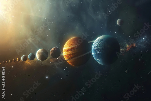 Generative ai on theme of parade of planets in solar system  bright stars glow in atmosphere