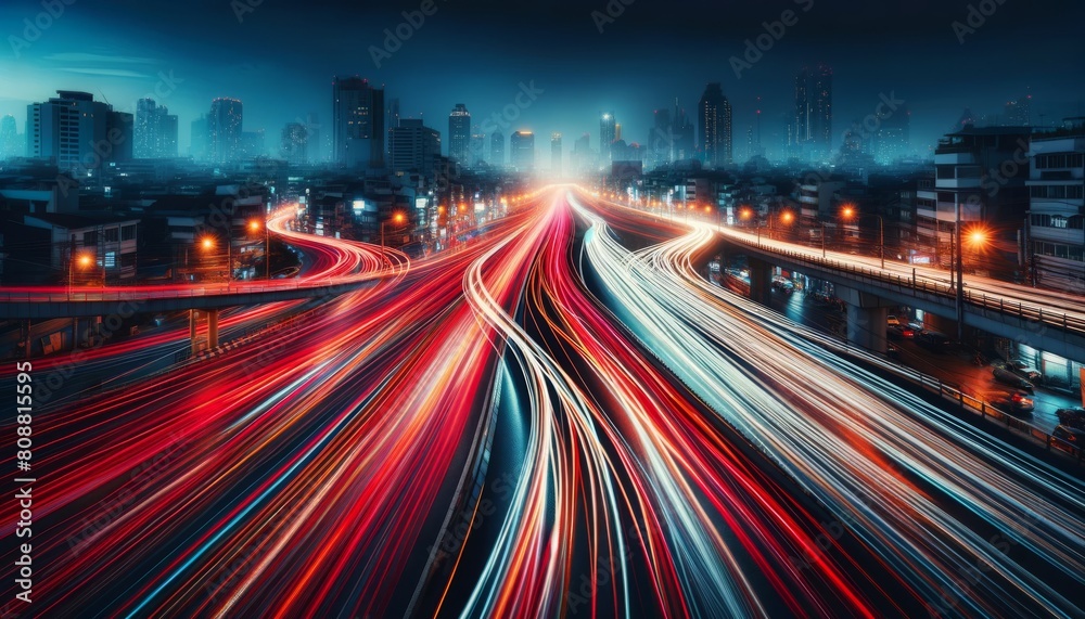 Dynamic city lights and traffic streaks at night
Dynamic city lights and traffic streaks at night