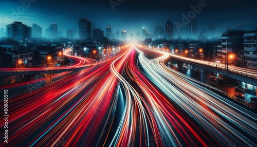 Dynamic city lights and traffic streaks at night 