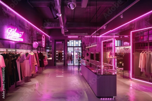 A high-end fashion boutique  where the latest trends are highlighted under the sophisticated glow of neon spotlights