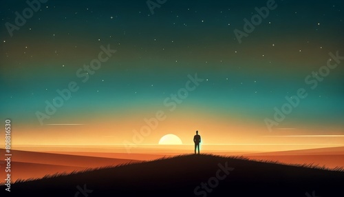 Solitary figure watching sunrise on a starry morning 