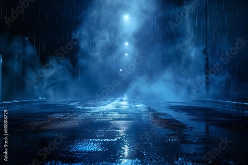 Dark street with wet asphalt and reflections of rays in the water. Abstract dark blue background, smoke, smog. Empty dark scene with neon light and spotlights
