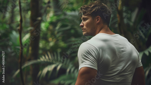 Rear back view of a handsome muscular man in a white t-shirt posing like a warrior and looking to the side isolated on a green forest background
