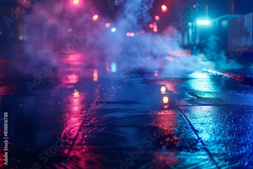 Dark street with wet asphalt and reflections of rays in the water. Abstract dark blue background, smoke, smog. Empty dark scene with neon light and spotlights
