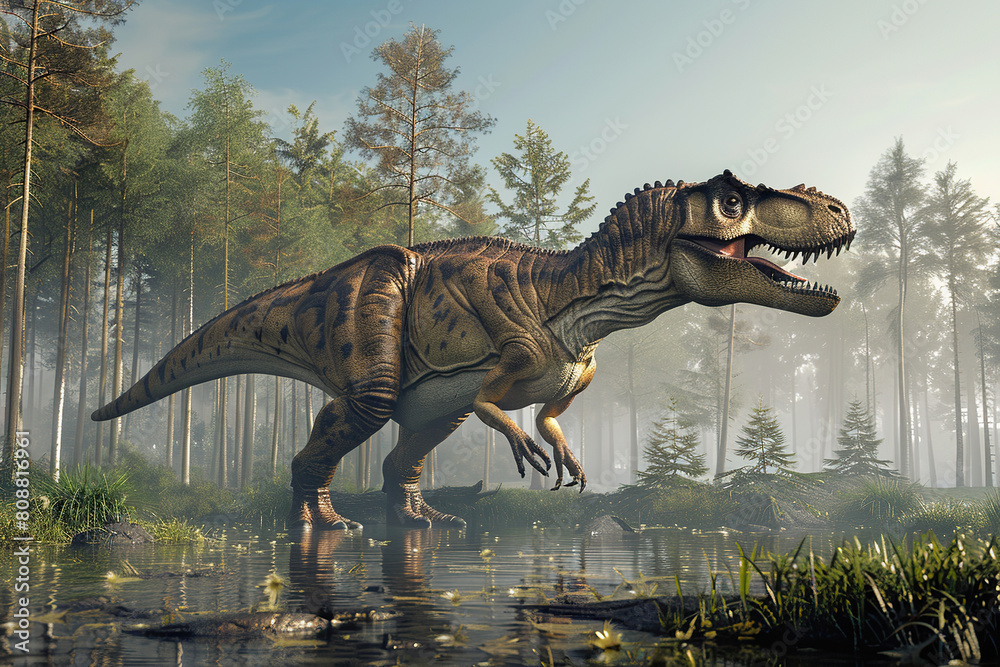 Generative ai on theme of big scary hungry dinosaur with kind eyes and sharp teeth destroying park Generative ai on theme of big scary hungry dinosaur with kind eyes and sharp teeth destroying park