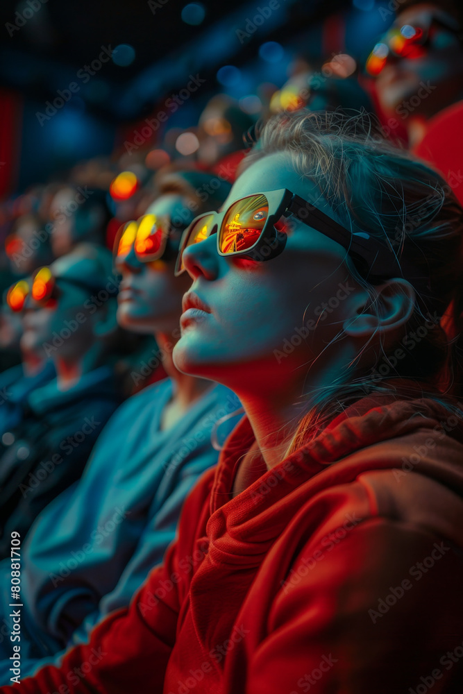 Obraz premium Diverse audience captivated by thrilling 3D movie in cinema.