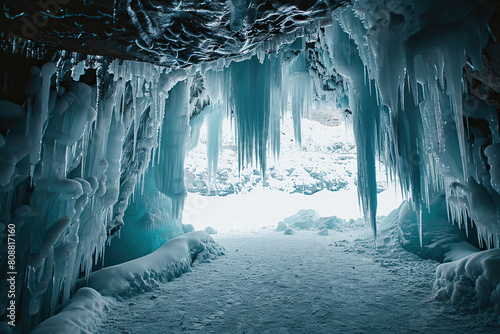 Generative ai on theme of a large beautiful sharp stalactites hanging down from deep mountain cave