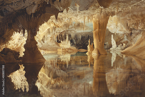 Generative ai on theme of a large beautiful sharp stalactites hanging down from deep mountain cave © oleg525