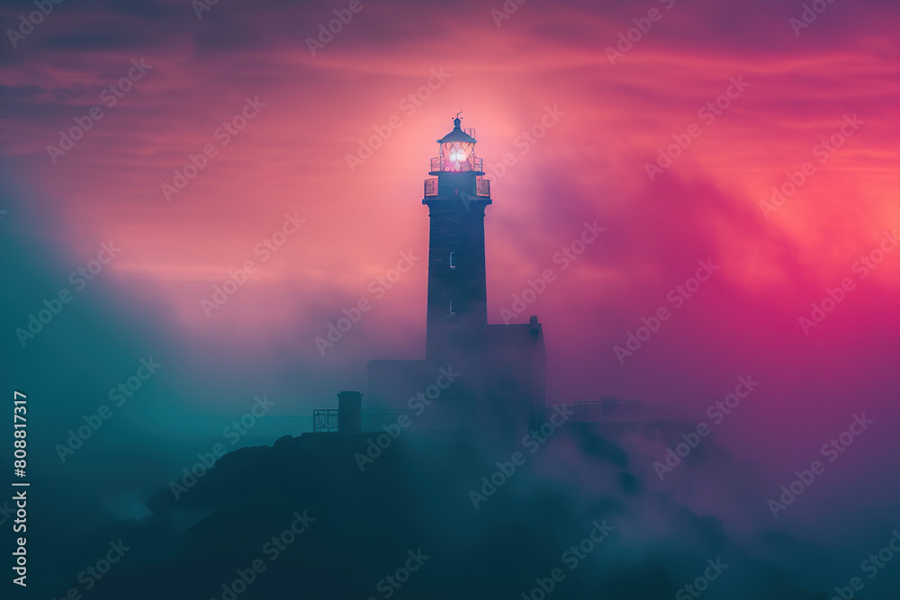 Generative ai on theme of large retro lighthouse with beam of bright light shining out to blue sea